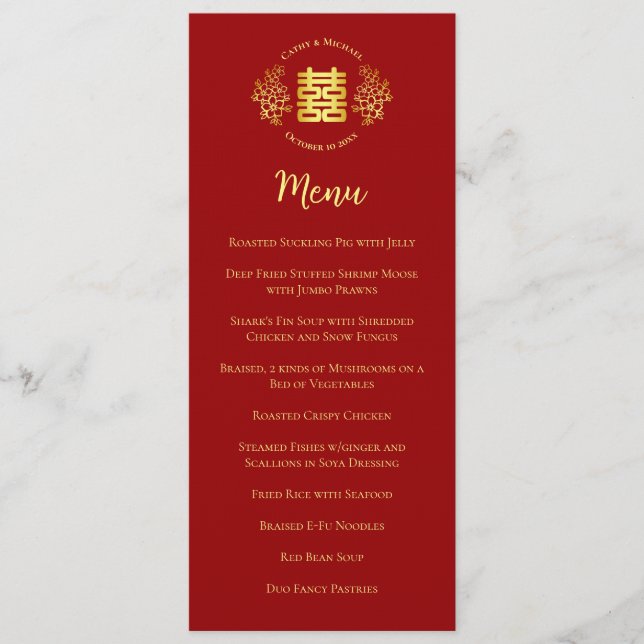 Menu logo floral rouge mariage chinois double bonheur (Devant)