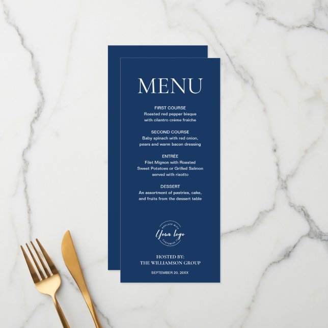 Menu Logo minimal bleu foncé élégant de l'événement (Devant/Arrière en situation)