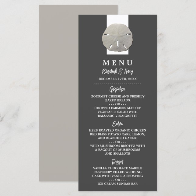 Menu Lone Sand Dollar - Charcoal Grey - Beach Wedding (Devant / Derrière)