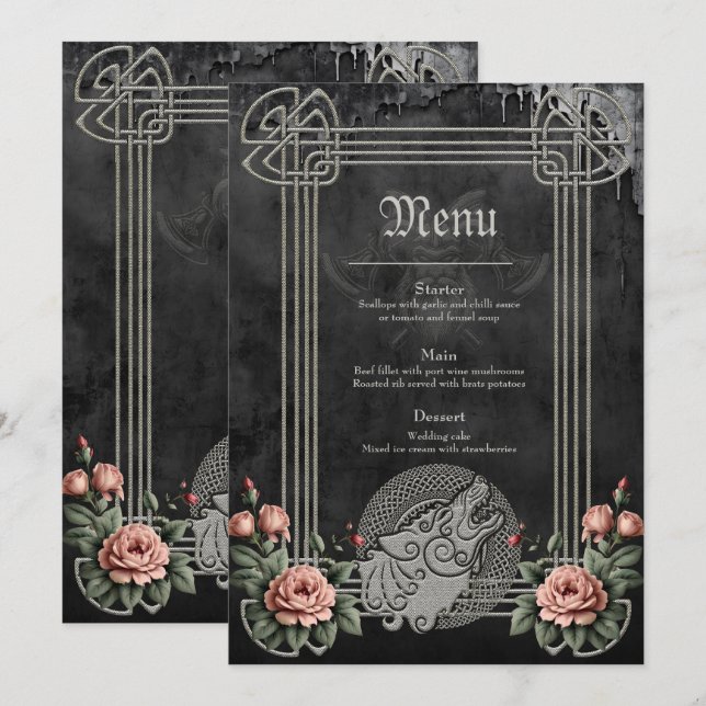 Menu Loup Viking & Roses. Une tête de loup stylisée (Devant / Derrière)