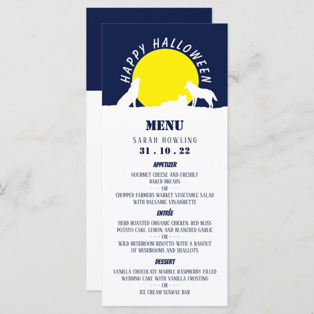 Menu Loups au clair de lune, Bonne Halloween (Devant / Derrière)