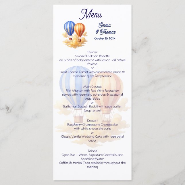 Menu Love Is in the Air Hot Air Balloon Travel Mariage (Devant)