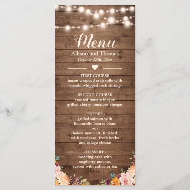 Menu Lumières à cordes de bois rustique Automne Mariage (Devant)