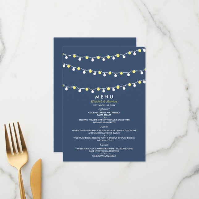 Menu Lumières à cordes modernes, Mariage jaune et blanc (Devant/Arrière en situation)