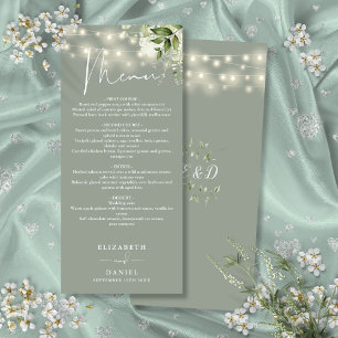 Menu Lumières de chaîne florales vert sauge Mariage Dîn