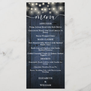 Menu Lumières de chaîne rustiques bleues Mariage en boi