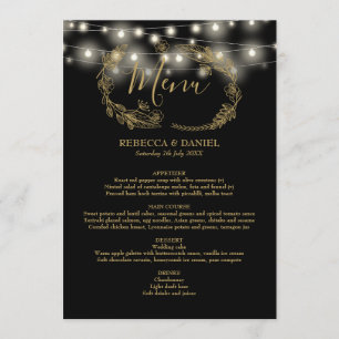 Menu Lumières en Chaîne Fleurs de Mariage Noir et Or