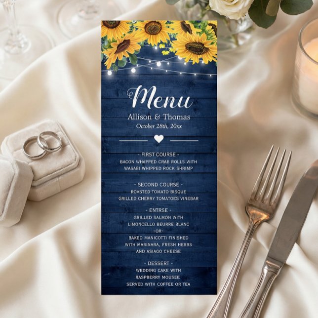 Menu Lumières Guirlandes de Mariage Tournesols Bleu Mar (Créateur téléchargé)