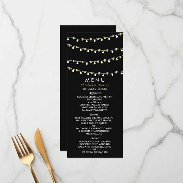 Menu Lumières Modernes à Fil, Mariage Blanc & Or (Devant/Arrière en situation)