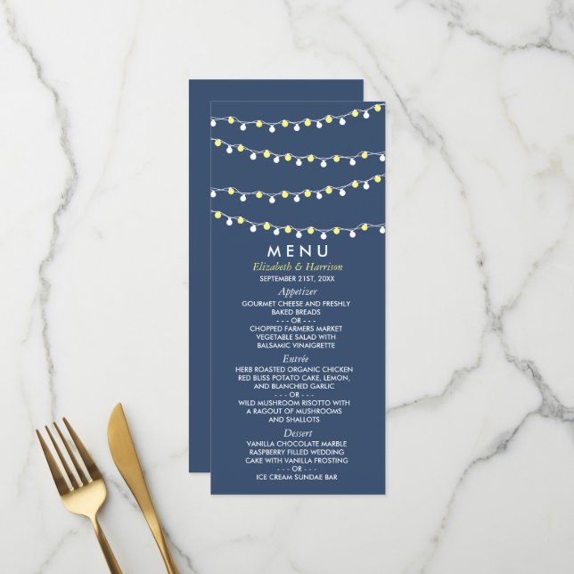 Menu Lumières Modernes à Fil, Mariage Jaune et Blanc (Devant/Arrière en situation)