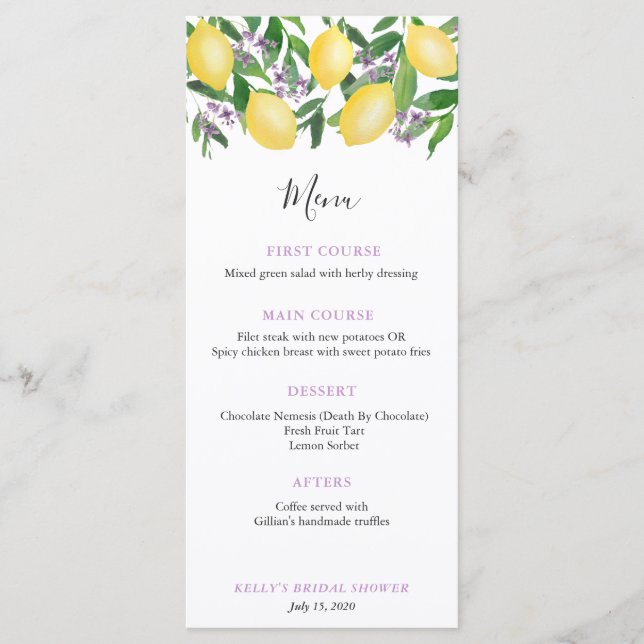 Menu Luncheon de mariage douche de mariage Citron Lavan (Devant)