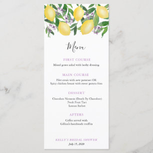 Menu Luncheon de mariage douche de mariage Citron Lavan