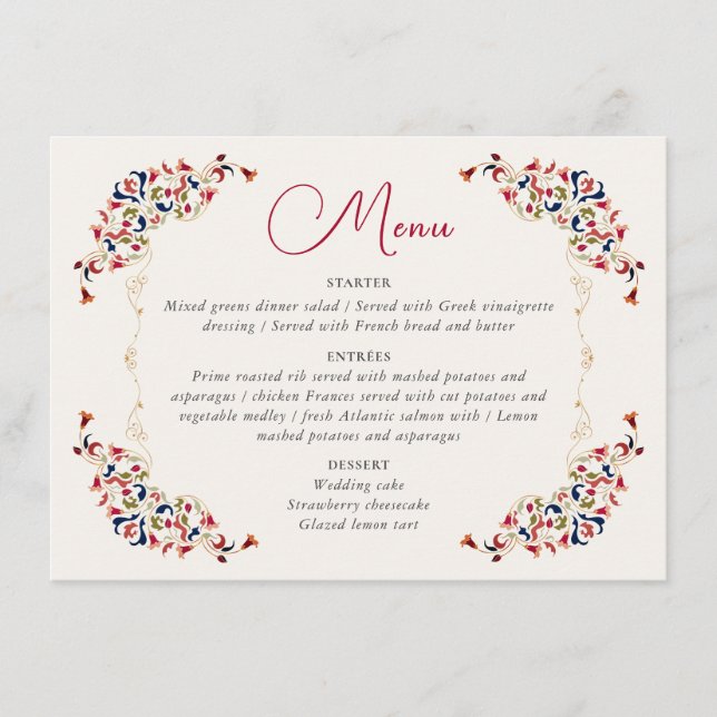Menu Luxe Artistique Botanique Floral Mariage Paisley (Devant)