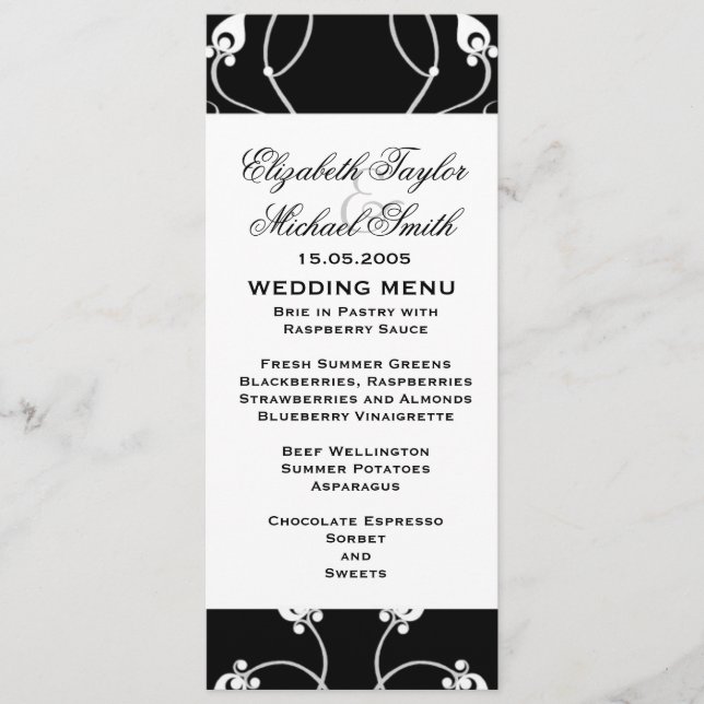 Menu Luxe Black Swirls Damask (Devant)