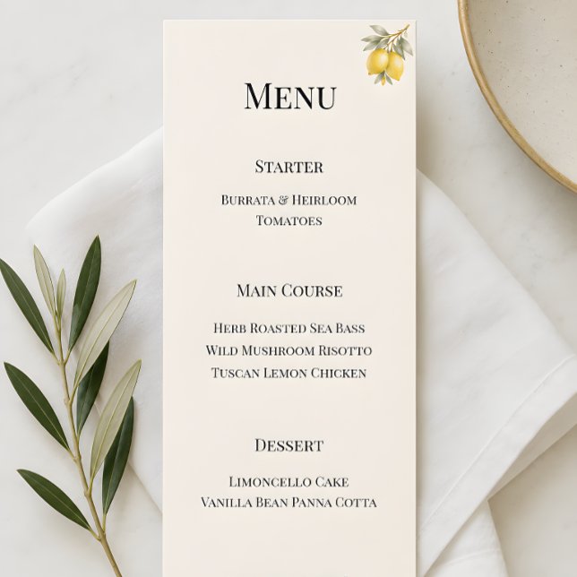Menu Luxe Méditerranéen Italien Côté Mer (Mediterranean themed wedding reception menu card)
