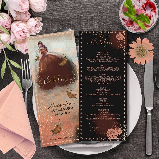 Menu Luxueux et Miroitant de Cuivre pour Quinceañe (Elegant Vintage Copper Rose Quinceañera Menu)