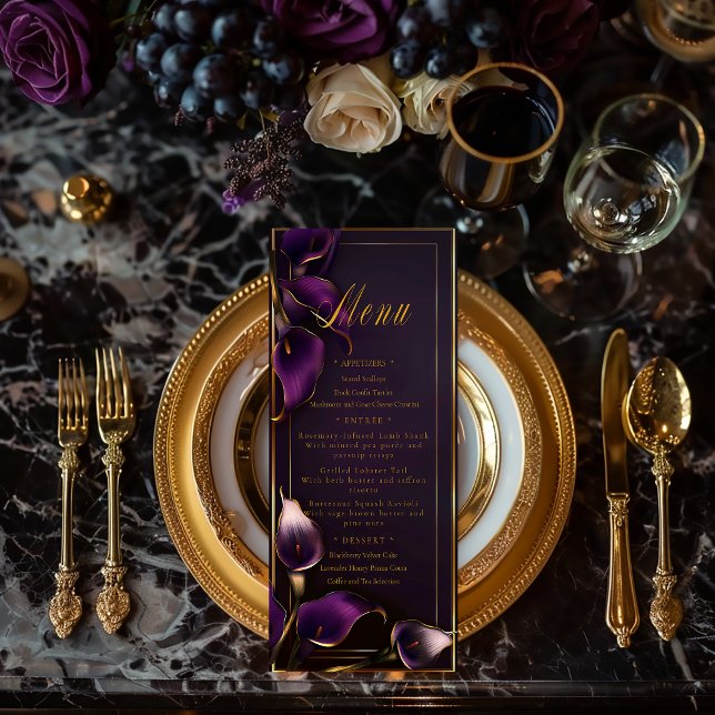 Menu Luxueux violet et or Calla Lily Mariage (Luxe Elegant Violet Purple Calla Lily Wedding Menu )