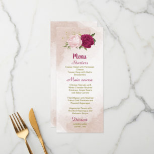 Menu magenta fleurs roses vert feuille mariage