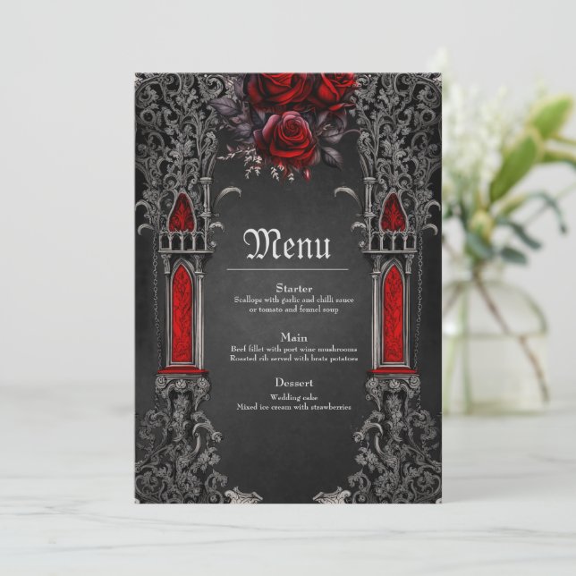 Menu Magnifique design mariage gothique foncé. (Debout devant)