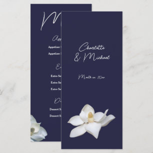 Menu Magnolia blanc élégante flore mariage sur bleu mar