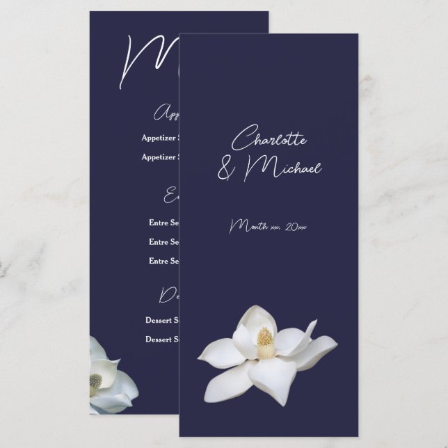 Menu Magnolia blanc élégante flore mariage sur bleu mar (Devant / Derrière)