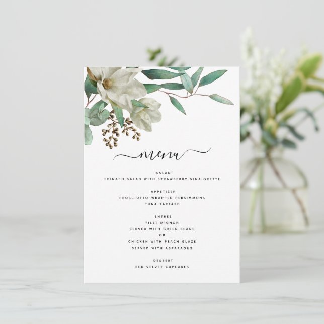 Menu Magnolia Eucalyptus Aquarelle Mariage élégant (Debout devant)