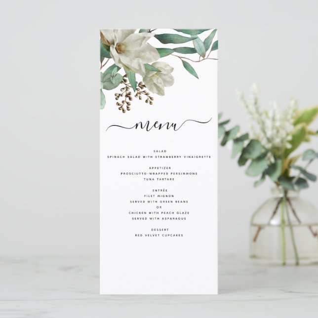 Menu Magnolia Eucalyptus Aquarelle Mariage élégant (Debout devant)