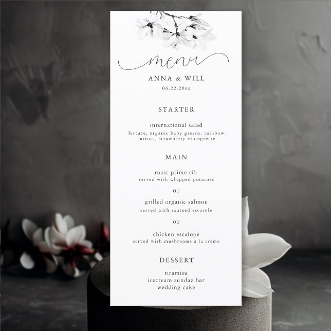 Menu Magnolia Noir Blanc Floral Mariage moderne (Magnolia Wedding Menu Elegant Floral Modern Classic Black and White Bohemian)