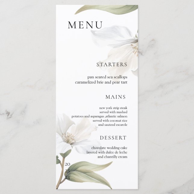 Menu Magnolia Oriental Élégant Fleur Blanche Mariage (Devant)