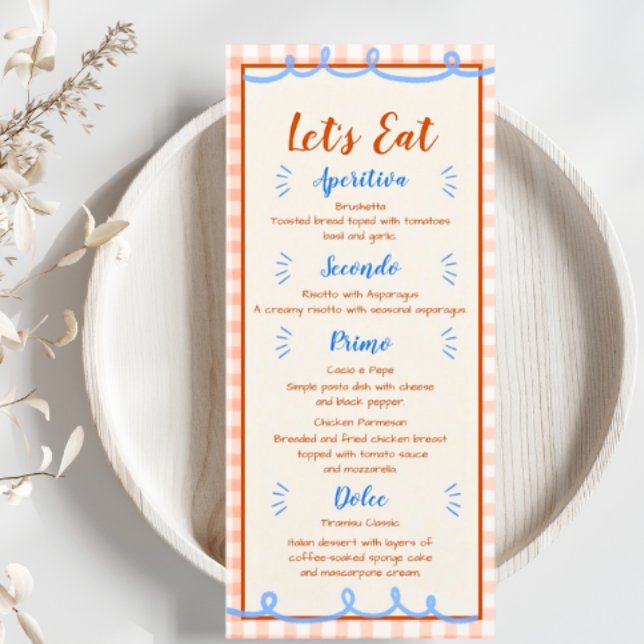 Menu Main Whimsical Tendance Bleu Orange (That's Amore! Menu. Trendy Hand Drawn. Perfect for Wedding, Bridal Shower and Engagement Party.)