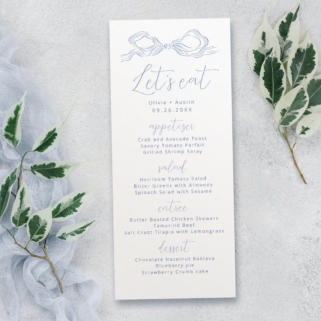 Menu Mangeons Dusty Mariage bleu main tiré (Let's Eat Dusty Blue Hand Drawn Bow Wedding Menu)