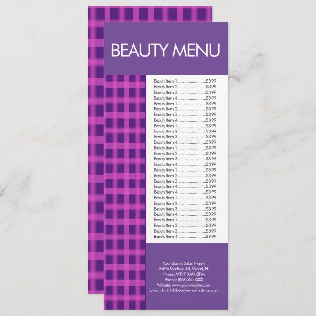 Menu Maquillage de beauté moderne violet rose En vichy  (Devant / Derrière)