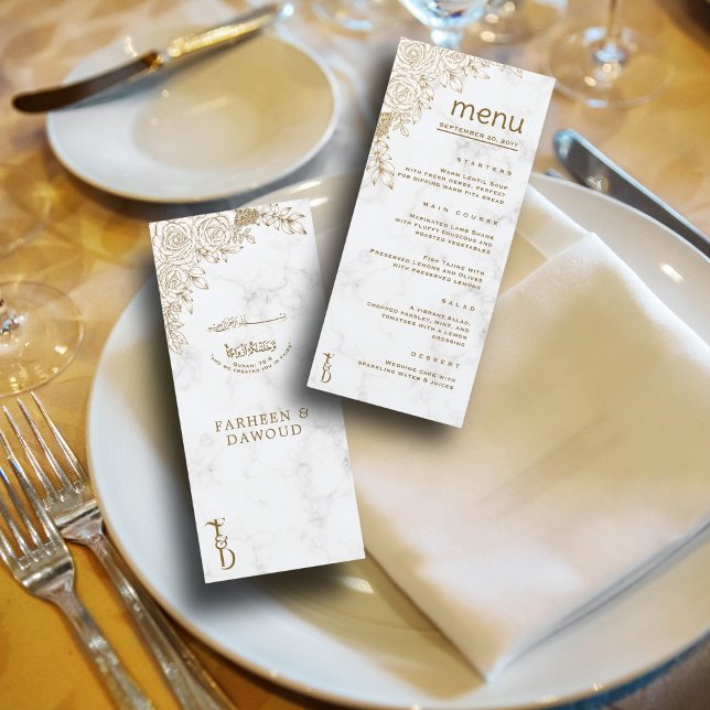 Menu Marbre blanc Floral dentelle islamique Mariage mus (Créateur téléchargé)