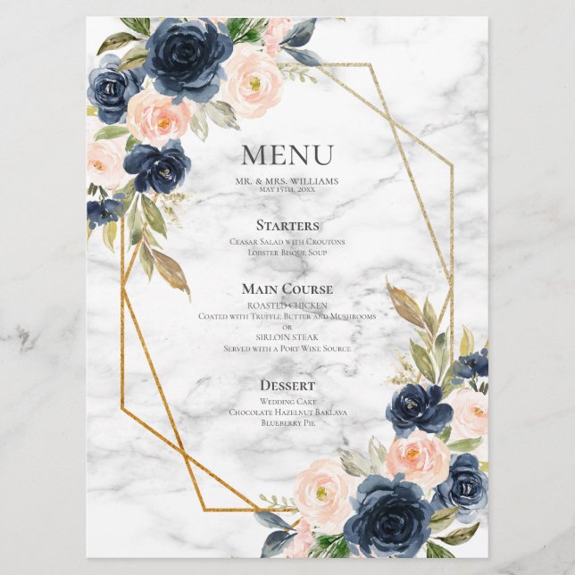 Menu Marbre bleu bleu marine Mariage géométrique floral (Devant)