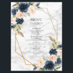 Menu Marbre bleu bleu marine Mariage géométrique floral<br><div class="desc">Moderne et branché, ce magnifique menu mariage est décoré d'un faux or géométrique orné de beaux roses bleu marine et rose vif, de bourgeons et de verdure d'eucalyptus. Faisant partie d'un ensemble de mariages assortis, voir la collection complète ici : https://www.zazzle.com/collections/navy_blue_blush_marble_geometric_floral-119975267832105081 Merci tellement pour soutenir notre petite entreprise, nous l'apprécions...</div>