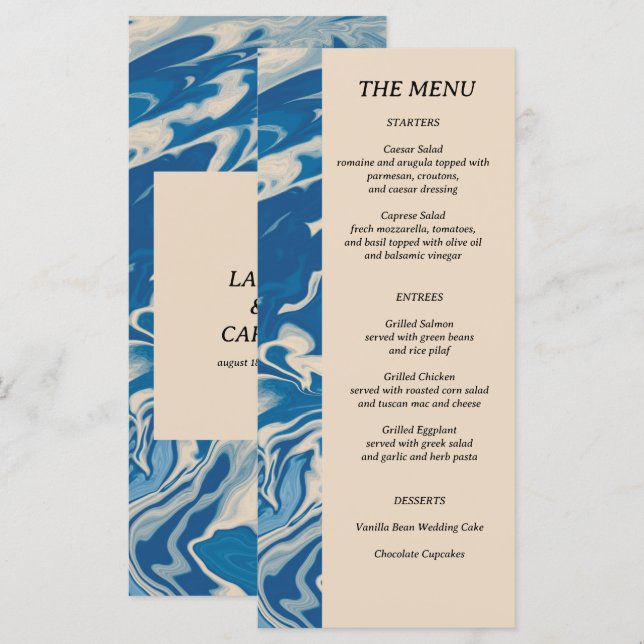 Menu Marbre Bleu Mariage côtier moderne (Devant / Derrière)