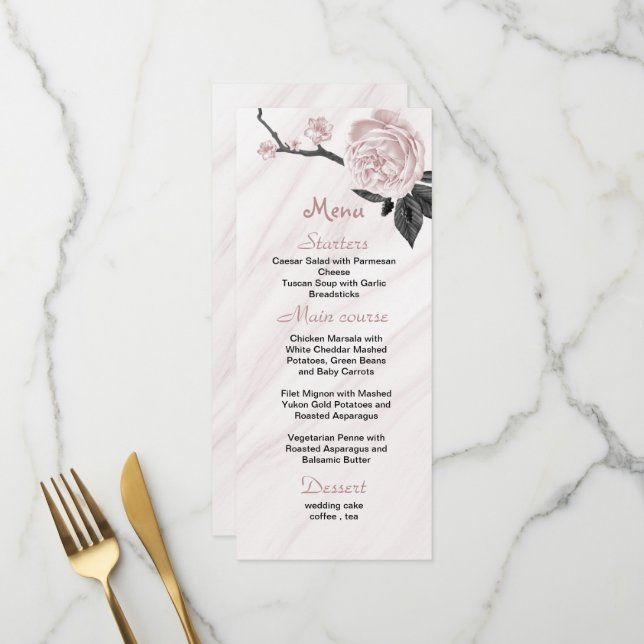 Menu marbre rose et noir à fleurs mariage (Devant/Arrière en situation)