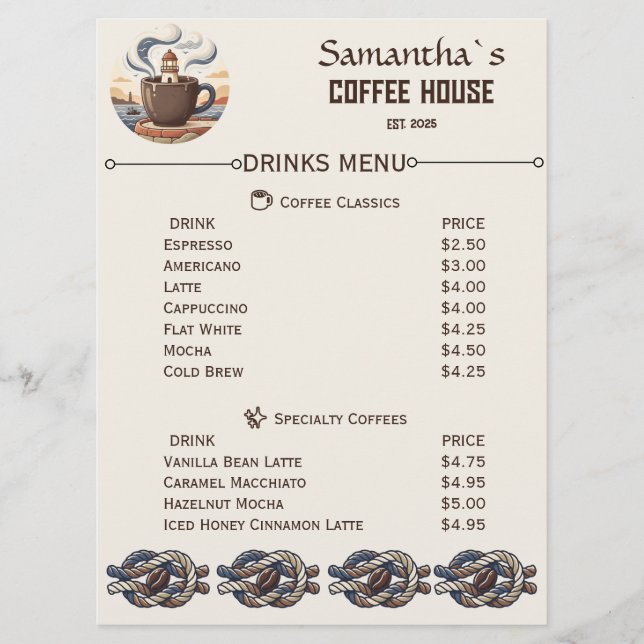 Menu Marchandise personnalisée de café vintage côtier (Devant)