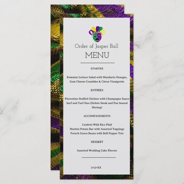 Menu Mardi Gras (Devant / Derrière)