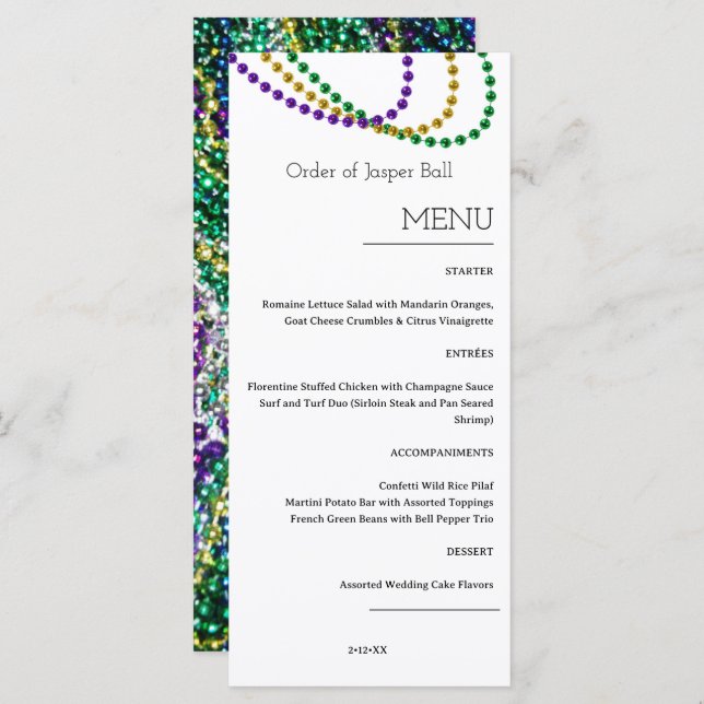 Menu Mardi Gras (Devant / Derrière)