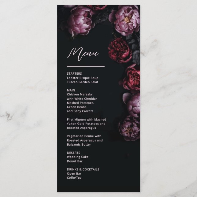 Menu Mariage 3D aux pivoines violettes et rouge foncé (Devant)