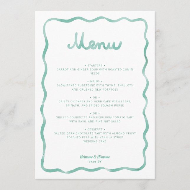 Menu Mariage à cadre ondulé blanc vert menthe fantaisis (Devant)