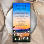 Menu Mariage à cordes Tropical Beach Sunset<br><div class="desc">Menu élégant avec typographie moderne contre un arrière - plan romantique au coucher du soleil.</div>