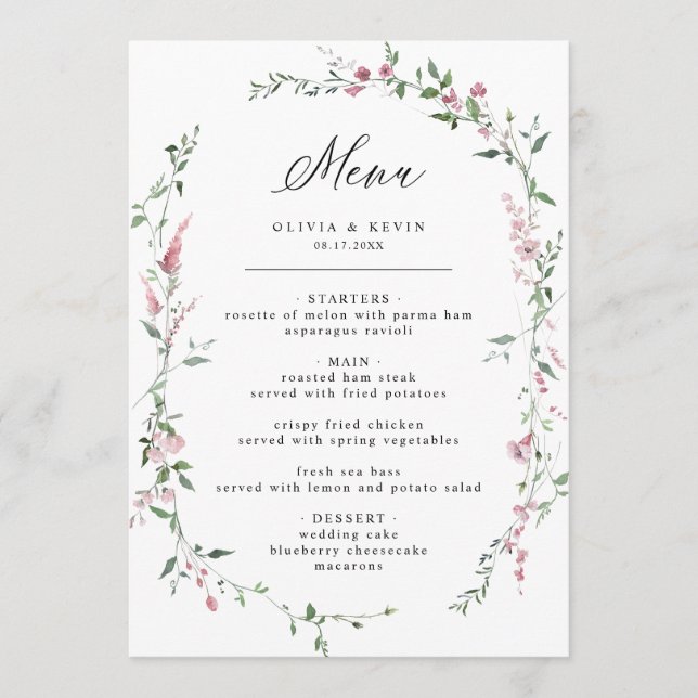 Menu Mariage à fleurs blanches Roses poussiéreuses (Devant)