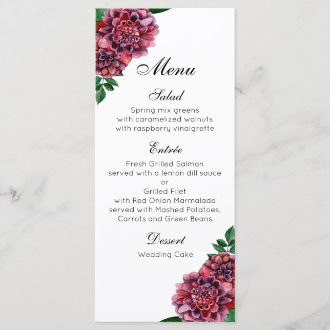 Menu Mariage à fleurs bordeaux. Fleur dahlias aquarelle (Devant)