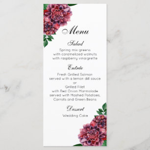 Menu Mariage à fleurs bordeaux. Fleur dahlias aquarelle