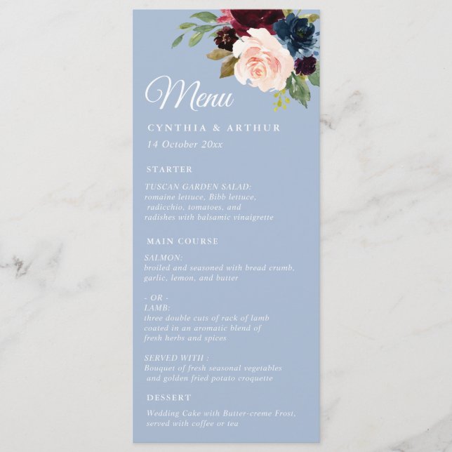 menu mariage à fleurs d'aquarelle bordeaux (Devant)
