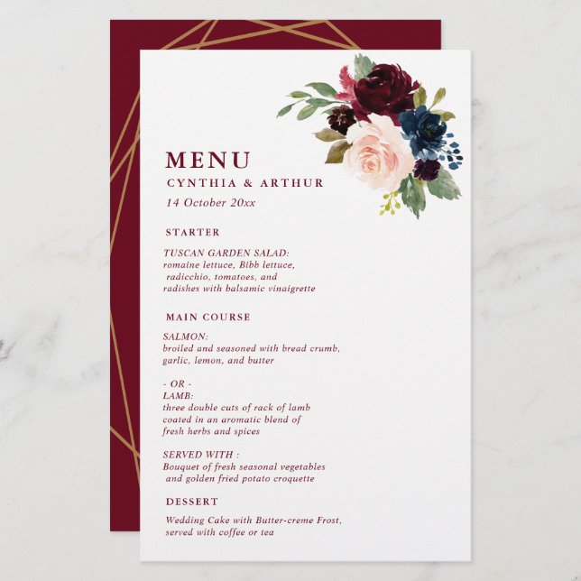 menu mariage à fleurs d'aquarelle bordeaux (Devant / Derrière)