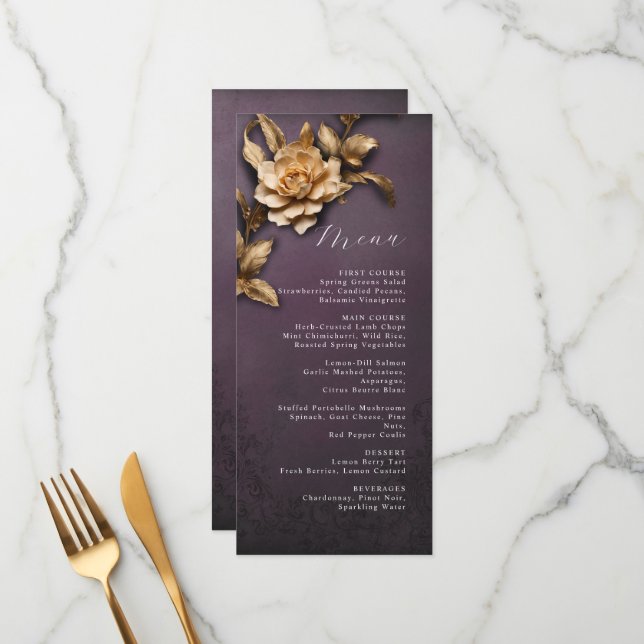 Menu mariage à fleurs métalliques (Devant/Arrière en situation)