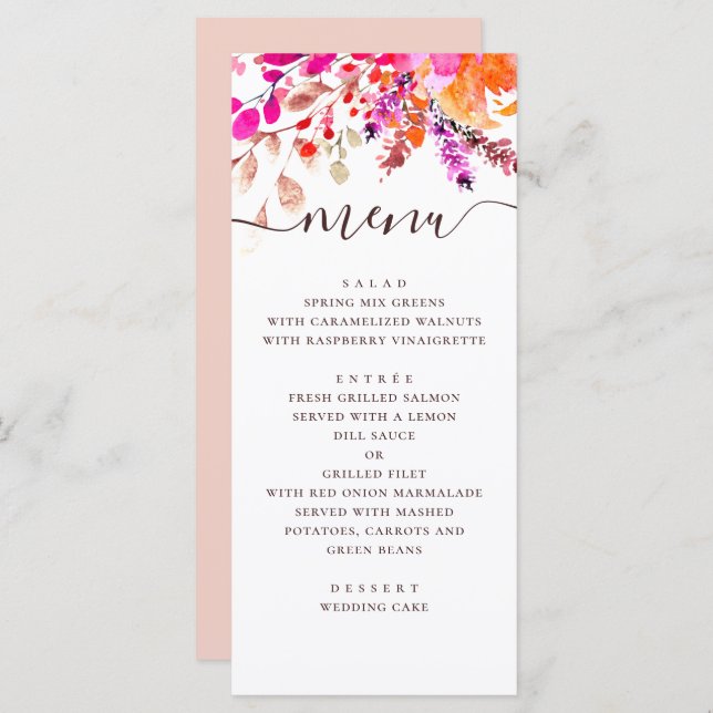 Menu Mariage à fleurs rose aquarelle. Jardin botanique (Devant / Derrière)